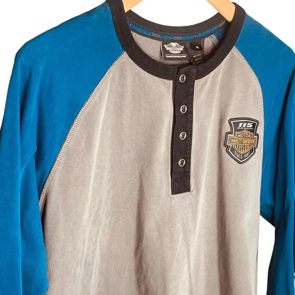 Vintage Motor Harley-Davidson Blue, Gray, & Black Cycles Clothes LS Shirt - Picture 4 of 13